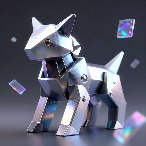 Photorealistic CGI of a silver, angular, metallic paper-folded cat with red eyes, surrounded by floating, iridescent, square crystals.
