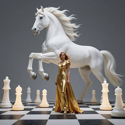 Digital artwork of a woman in a gold, flowing dress standing before a rearing white horse amidst glowing chess pieces on a checkered board.