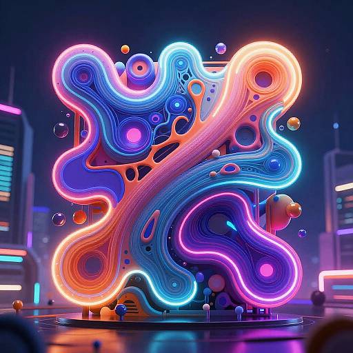 Vibrant digital artwork of glowing, neon blue, pink, and orange abstract swirls with floating bubbles, set against a futuristic cityscape.