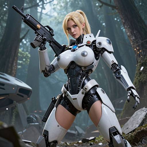 CGI image of a blonde, fair-skinned, blue-eyed woman in white and black sci-fi armor, holding a gun, standing in a mist