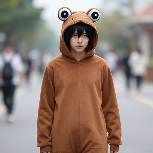 Photograph of a young person in an orange frog hoodie with googly eyes, standing in a blurred urban street background.