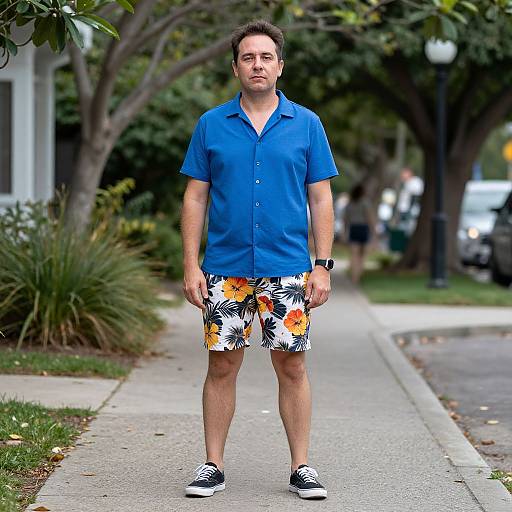 Photograph of a Caucasian man with short brown hair and beard, wearing a blue polo shirt, colorful floral shorts, and black sneakers, standing on a