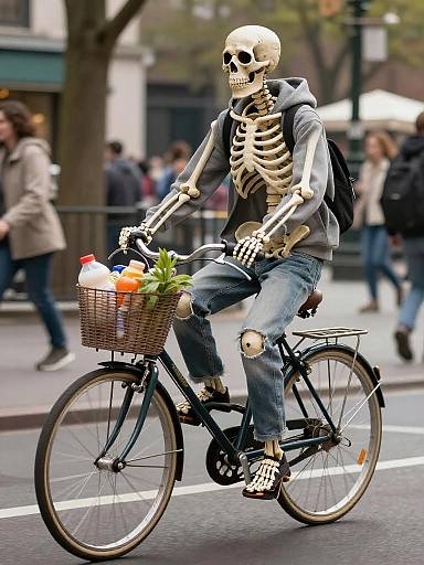 Skeleton on Bicycle in City Park
