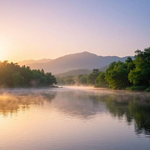 Photograph of a serene sunrise over a mist-covered lake, reflecting golden sunlight, with lush green trees and distant hills.
