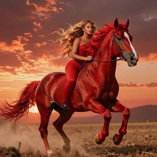 Photograph of a blonde woman with flowing hair in a red strapless dress riding a galloping red horse against a vibrant sunset sky.
