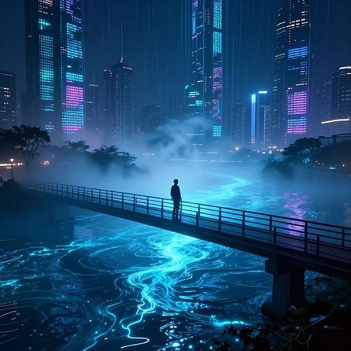 Futuristic Bridge Over Glowing Data River
