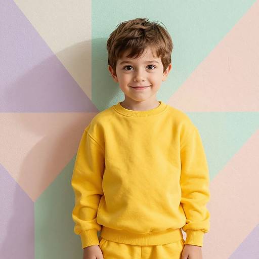 Cheerful Boy in Vibrant Geometric Background