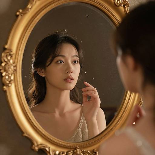Photograph of an Asian woman with long black hair, wearing a sparkling beige top, gazing into an ornate gold-framed mirror, softly illuminated