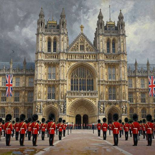 British Red Coat Guards Outside Gothic Building