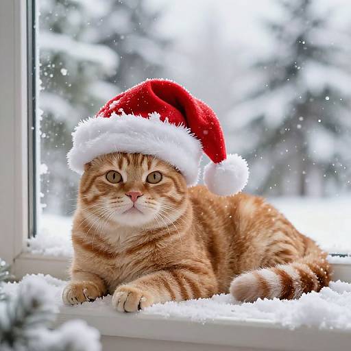 Playful Ginger Cat in Santa Hat