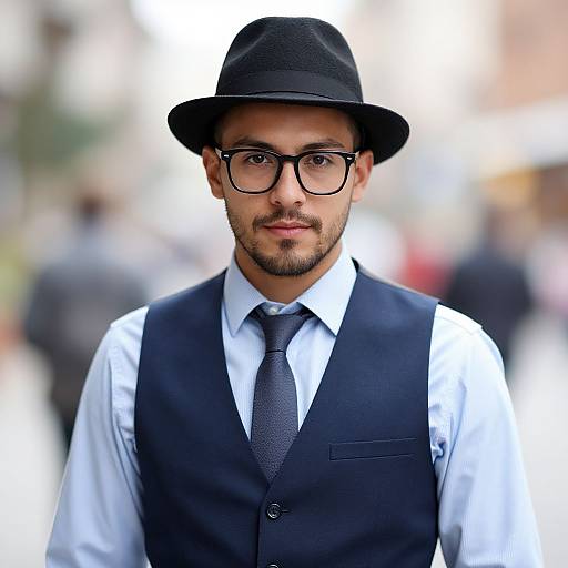 Photograph of a handsome man with dark skin, glasses, black fedora, black vest, white shirt, black tie, and goatee, standing