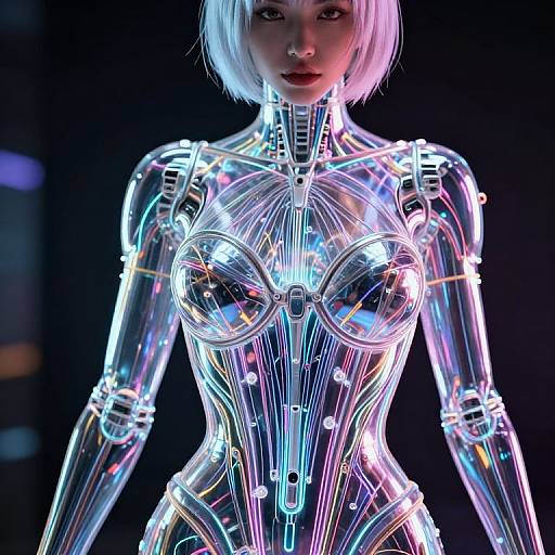 Photorealistic CGI of a glowing, futuristic female android with a white bob haircut, neon-lit, transparent body, and accentuated breasts, set