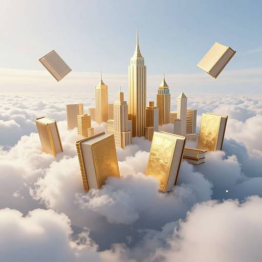 Digital artwork of a golden skyscraper city floating among fluffy clouds, with several gold-colored buildings in mid-air, bathed in sunlight.