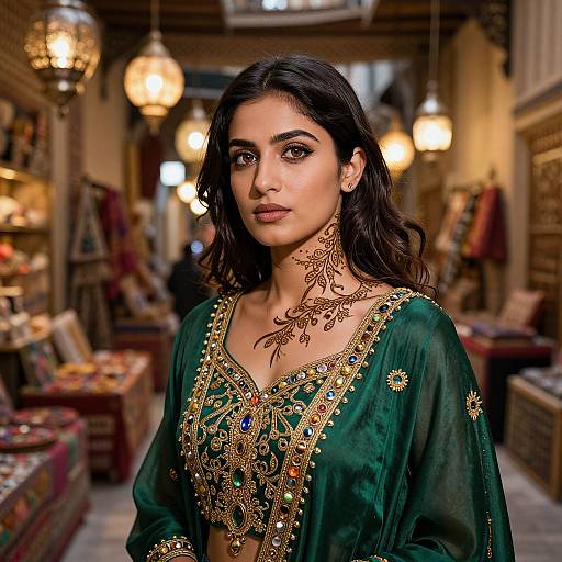 Photograph of a beautiful South Asian woman with dark hair, wearing an ornate green and gold traditional outfit, standing in a warmly lit, bustling market