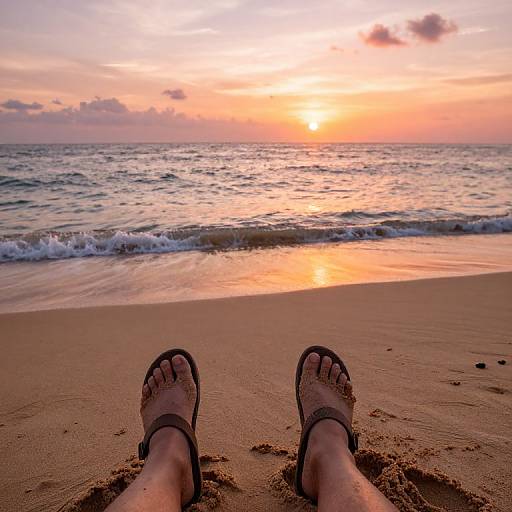 Photograph of sandy beach at sunset, feet in black flip-flops in foreground, gentle waves, orange and pink sky, scattered clouds.