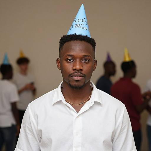 Photograph of an African man with dark skin, short curly hair, wearing a white shirt and blue party hat, standing in a blurred indoor background with