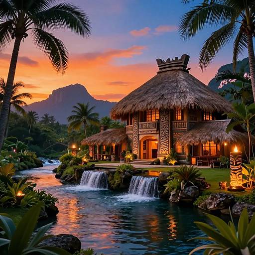 Photograph of a tropical resort at sunset, featuring a thatched-roof villa with warm lighting, cascading waterfall, palm trees, and vibrant orange