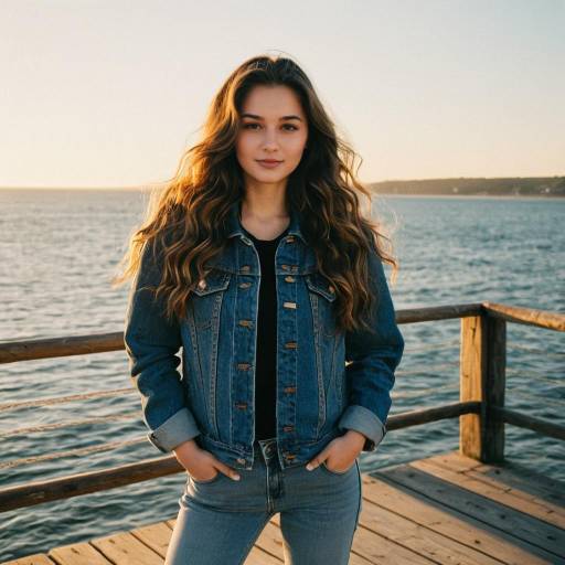 Young Woman in Denim on Pier by Sea