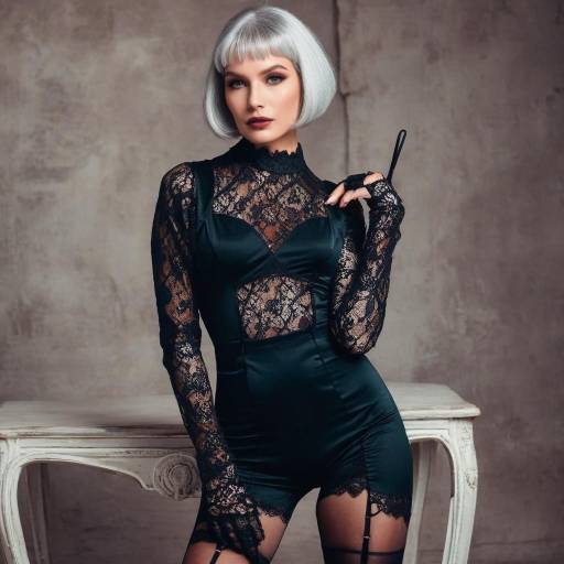 Fashionable woman in black lace outfit
