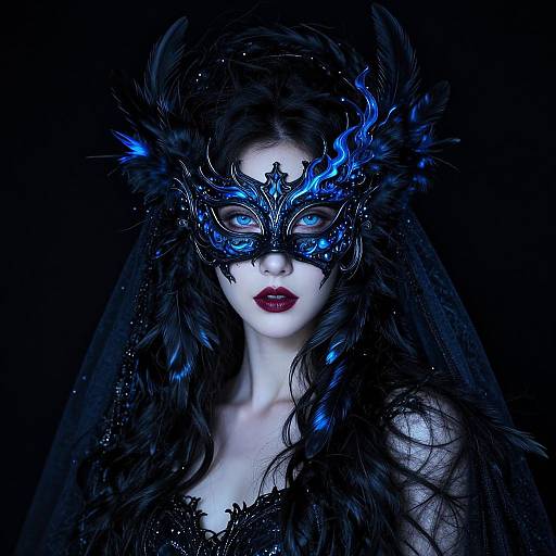 Photograph of a pale-skinned woman with dark, wavy hair, wearing a black lace mask adorned with blue feathers, and deep red lipstick,