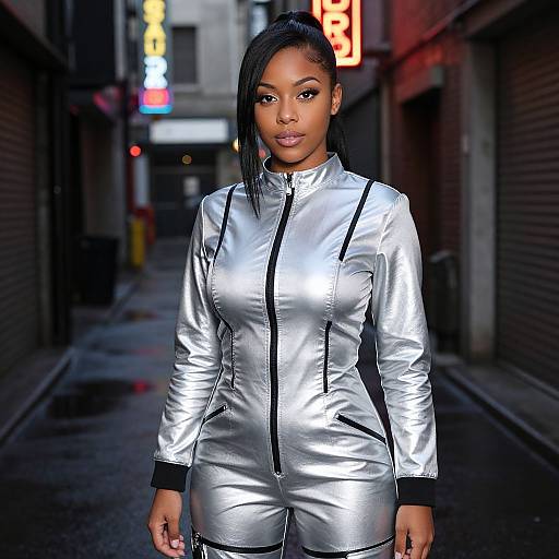 Photograph of a confident Black woman with sleek black hair, wearing a shiny silver zip-up jumpsuit, standing in a dimly lit urban alley with
