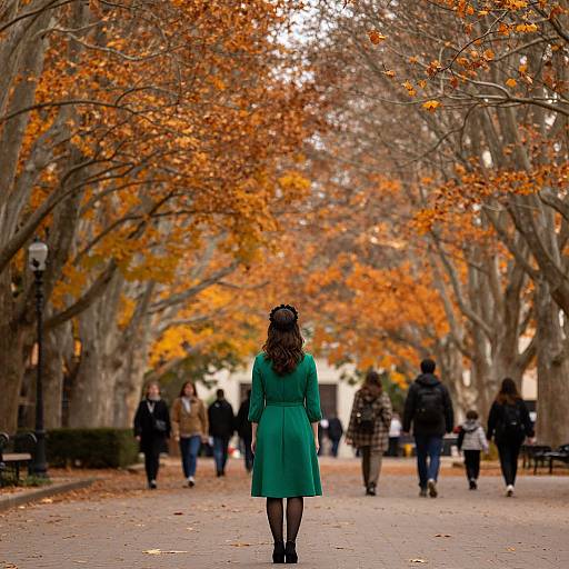 Photograph of a woman in a green dress and black boots, walking down a tree-lined path with vibrant orange autumn leaves, surrounded by blurred pedestrians.