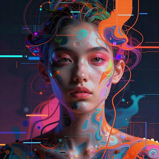 Digital portrait of a young woman with glowing, colorful abstract patterns on her face and hair, set against a dark, neon-lit background. Vibrant