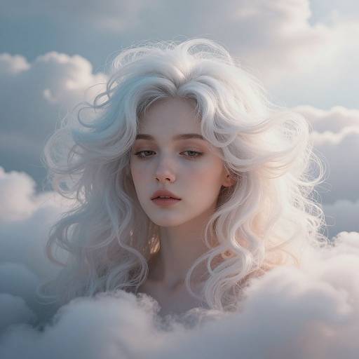 Digital artwork of a fair-skinned, ethereal woman with voluminous, white, curly hair, surrounded by fluffy, glowing clouds, with soft sunlight