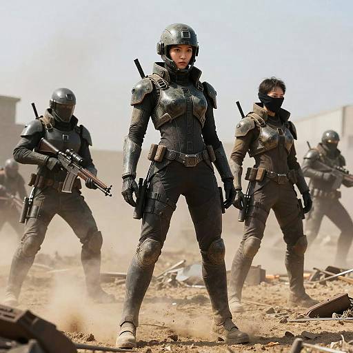 Masked Cyberpunk Soldier in Dusty Battlefield