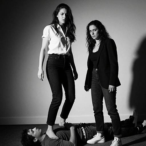 Black-and-white photograph of two women standing over a man lying on the floor. One woman in white shirt, dark jeans; other in black blazer