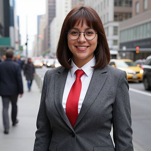 Photograph of a smiling Asian woman with brown bob haircut, round glasses, gray suit, white shirt, red tie, standing on a busy city street