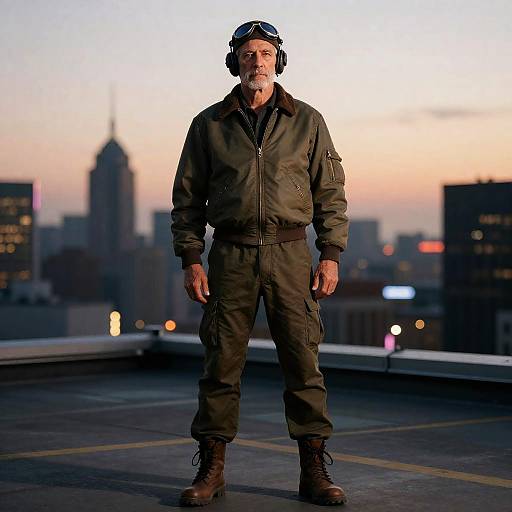 Retired Pilot on Neon Rooftop Helipad