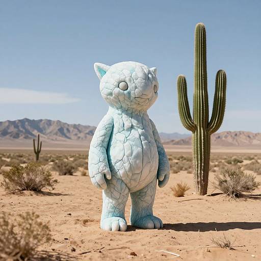Photorealistic CGI of a cracked, light-blue, cartoonish statue of a cat-like creature standing in a desert with a tall cactus and distant