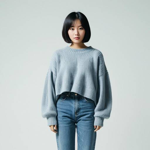 Young woman in casual oversized sweater and jeans
