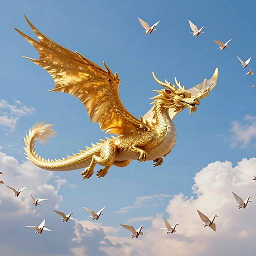 Golden dragon with large, shimmering wings soaring through a bright blue sky, surrounded by white birds. Digital art with vibrant colors.