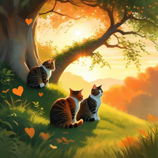 Cozy Sunset with Cats on a Hill