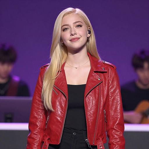 Blonde Woman in Red Leather Jacket on Stage