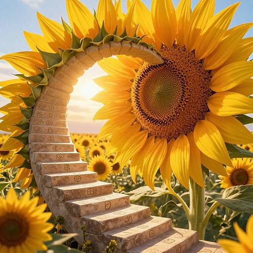 Photograph of a sunlit sunflower field with a brick archway staircase leading to a large sunflower, backlit by the sun.