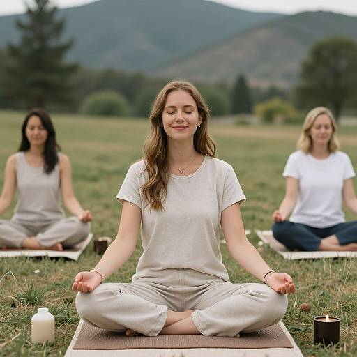 Photograph of three women meditating in a grassy field with mountains, candles, and trees in the background. They sit cross-legged, eyes closed