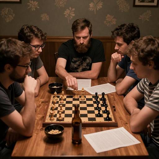Group of men playing chess around wooden table