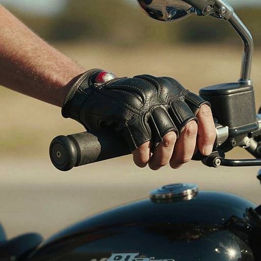Close-up photograph of a hand wearing black leather motorcycle glove gripping a black motorcycle throttle with a red indicator light.