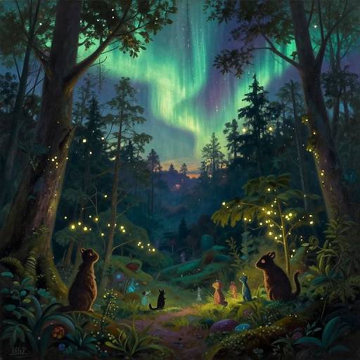 Mystical Forest at Twilight with Aurora