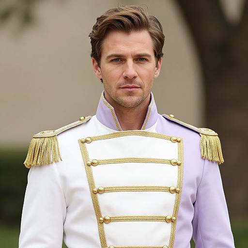 Photograph of a handsome, fair-skinned man with brown hair in a white military uniform with gold epaulettes and ornate gold trim.