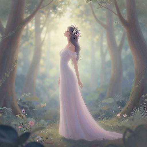 Digital painting of a silhouetted woman in a flowing white dress, standing in a sunlit, enchanted forest, surrounded by flowers and mist.