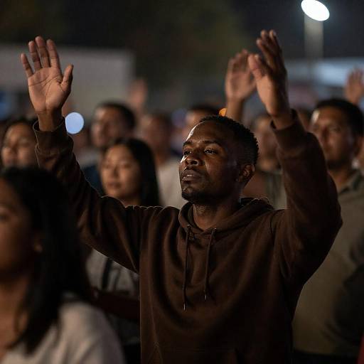 Man Raising Hands in Nighttime Crowd
