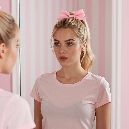 Blonde Woman in Mirror with Pink Accents