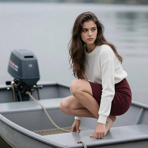 Young Woman Crouching on Gray Boat