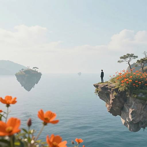 Digital art: Silhouetted figure stands on cliff with vibrant orange flowers, overlooking calm, misty ocean and distant, floating island. Clear blue