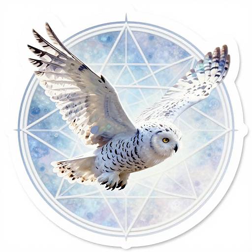 Photograph of a white owl with black spots, mid-flight, against a white, circular, geometric background with star shapes.