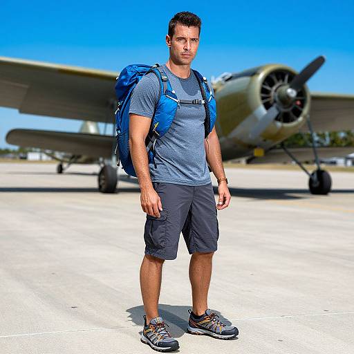 Photograph of a muscular man with short dark hair, wearing a blue backpack, gray t-shirt, black shorts, and gray sneakers, standing in front